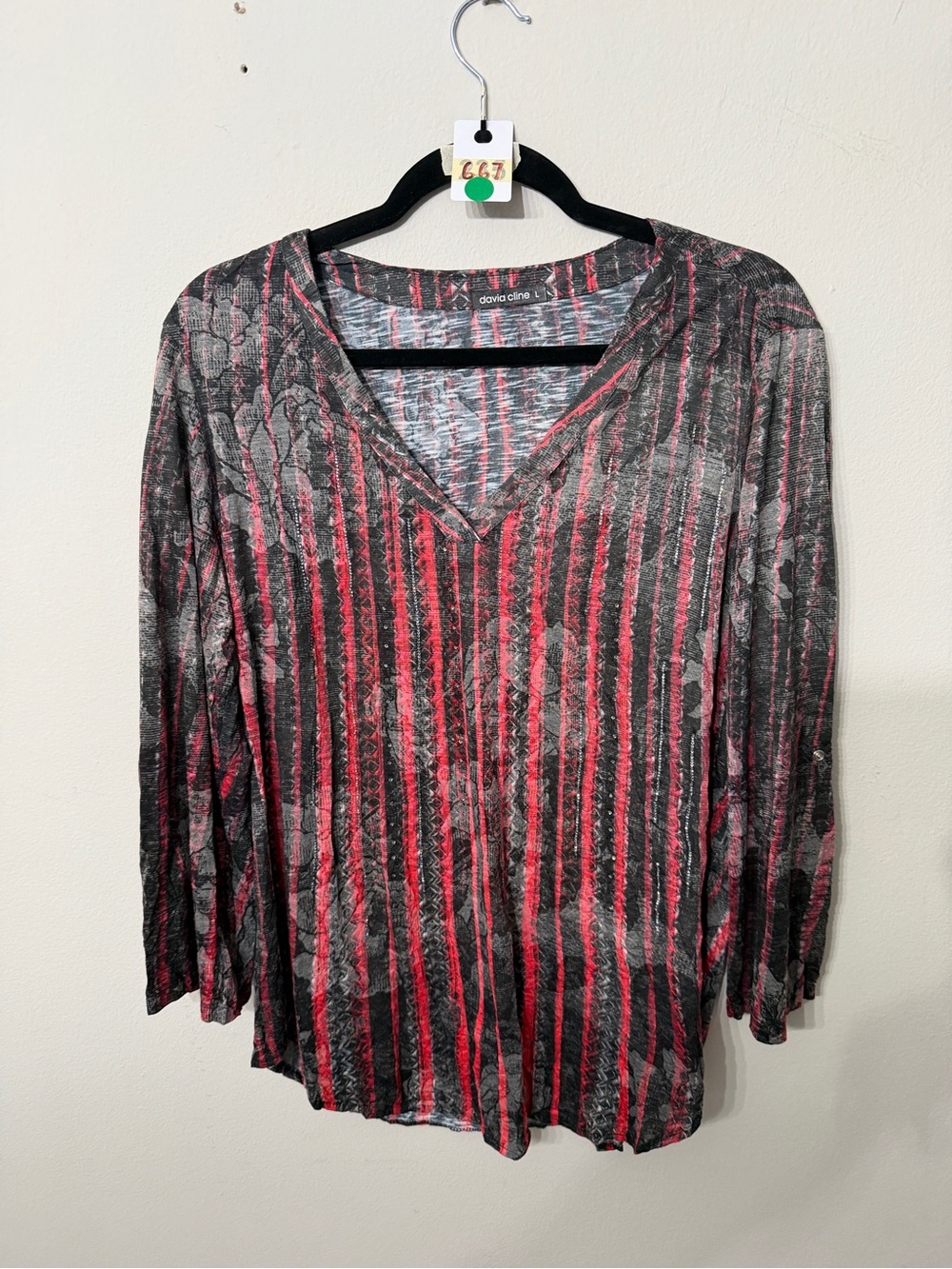 Women's David Cline Size Large Long Sleeve Striped Top - Black & Red